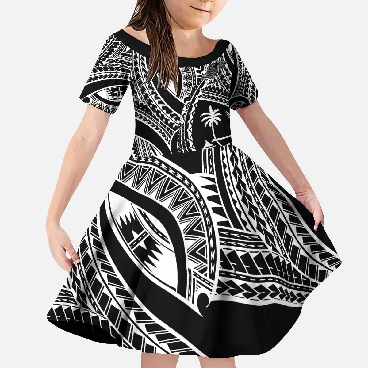 Hafa Adai Guam Inspired Tattoo Kid Short Sleeve Dress LT9 KID Black - Polynesian Pride