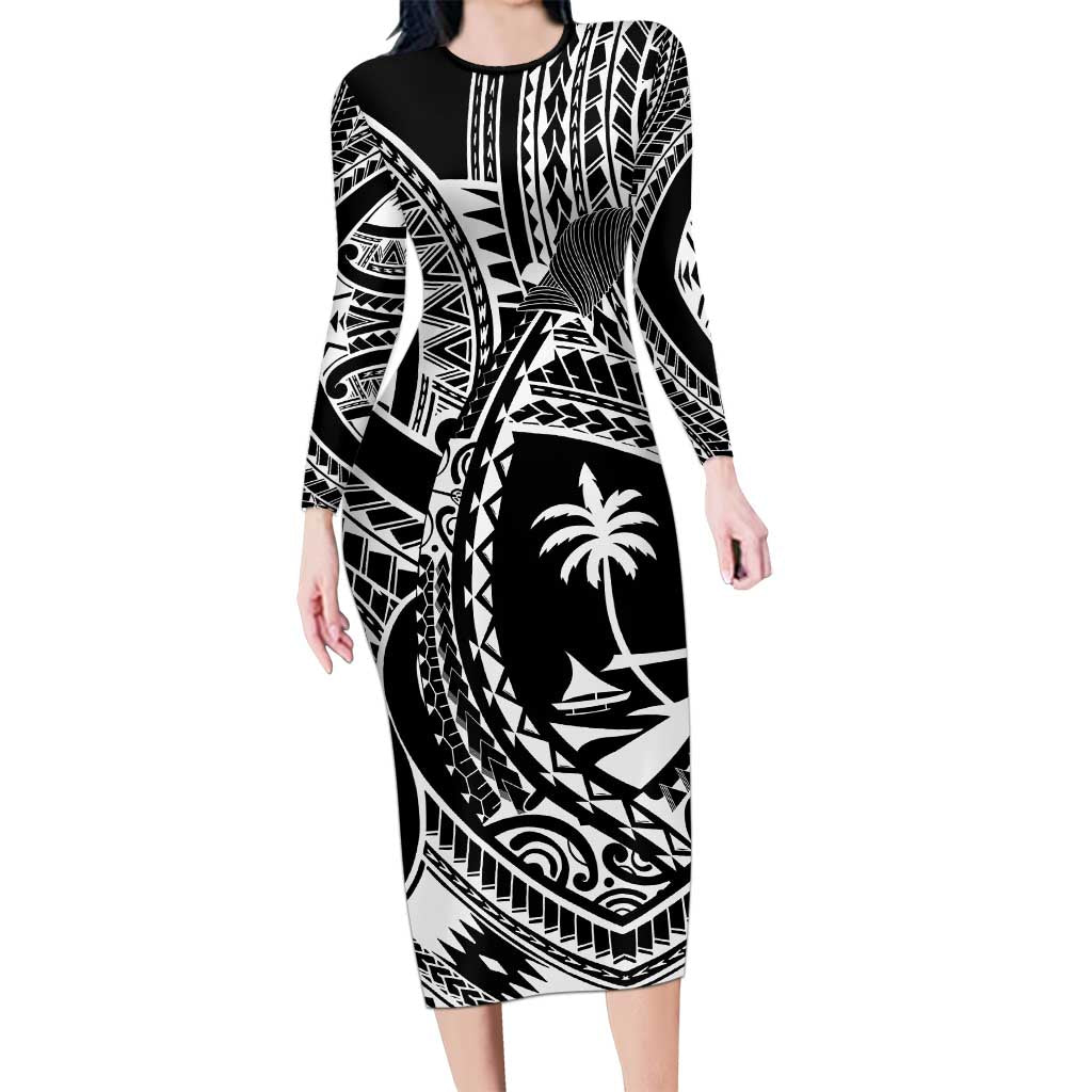 Hafa Adai Guam Inspired Tattoo Long Sleeve Bodycon Dress LT9 Long Dress Black - Polynesian Pride