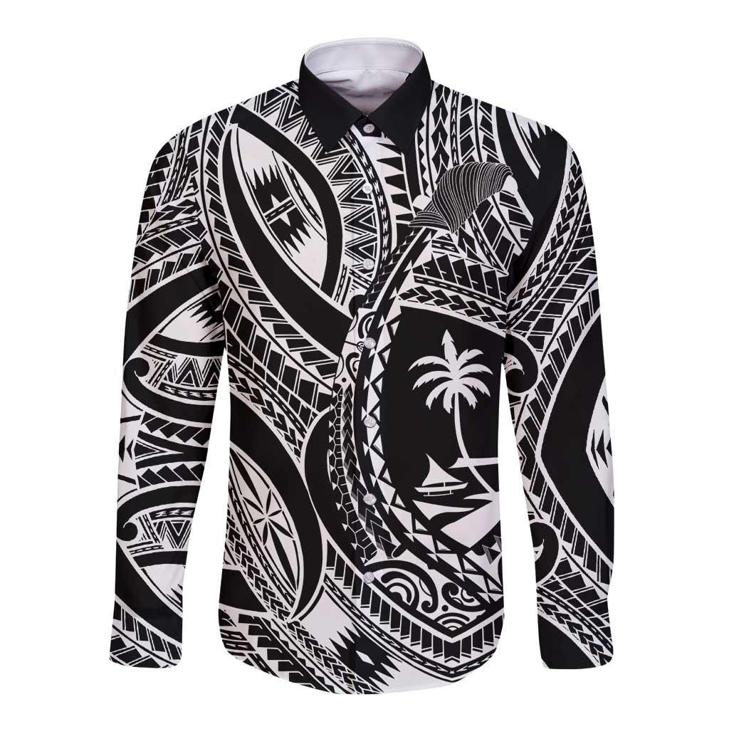 Hafa Adai Guam Inspired Tattoo Long Sleeve Button Shirt LT9 Unisex Black - Polynesian Pride