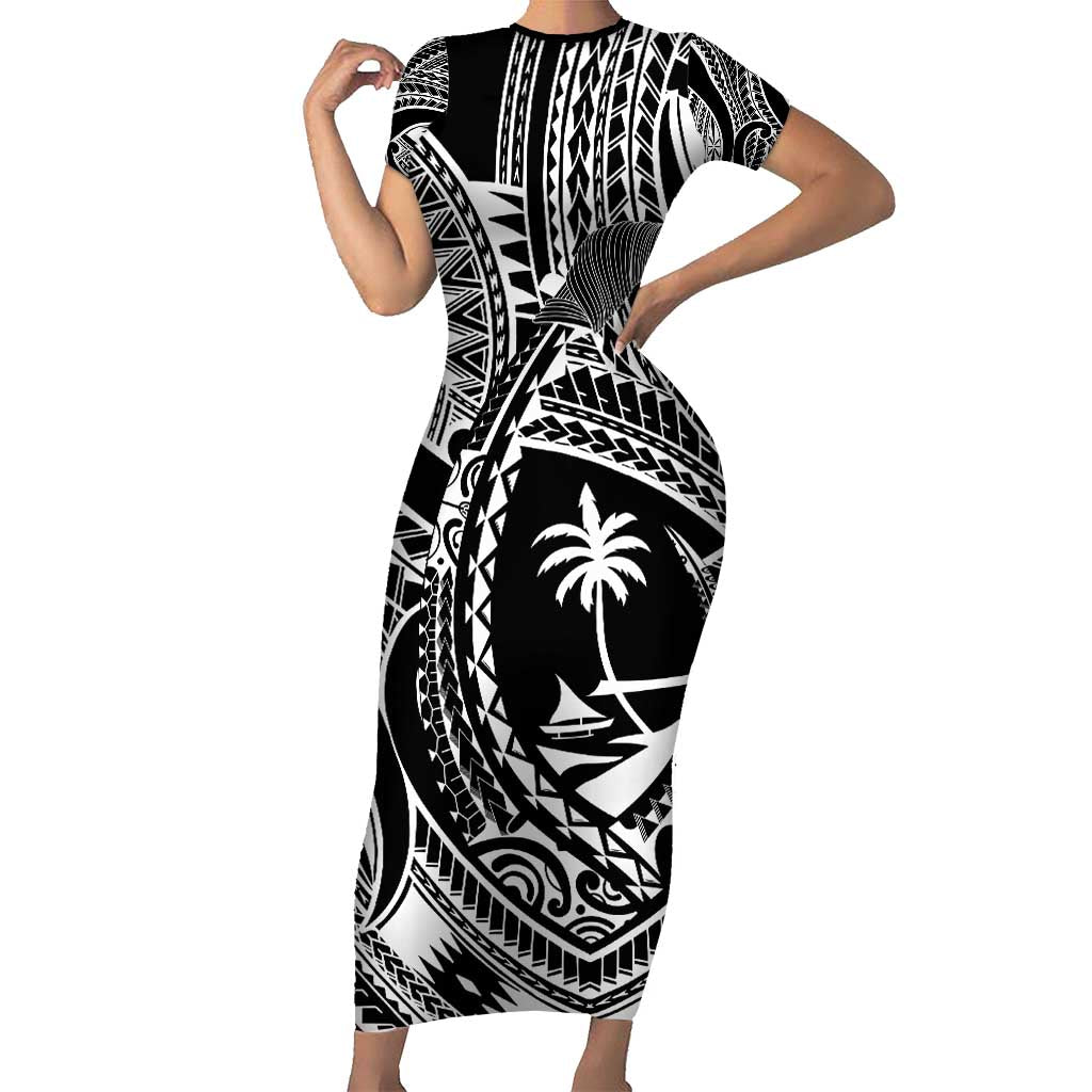 Hafa Adai Guam Inspired Tattoo Short Sleeve Bodycon Dress LT9 Long Dress Black - Polynesian Pride