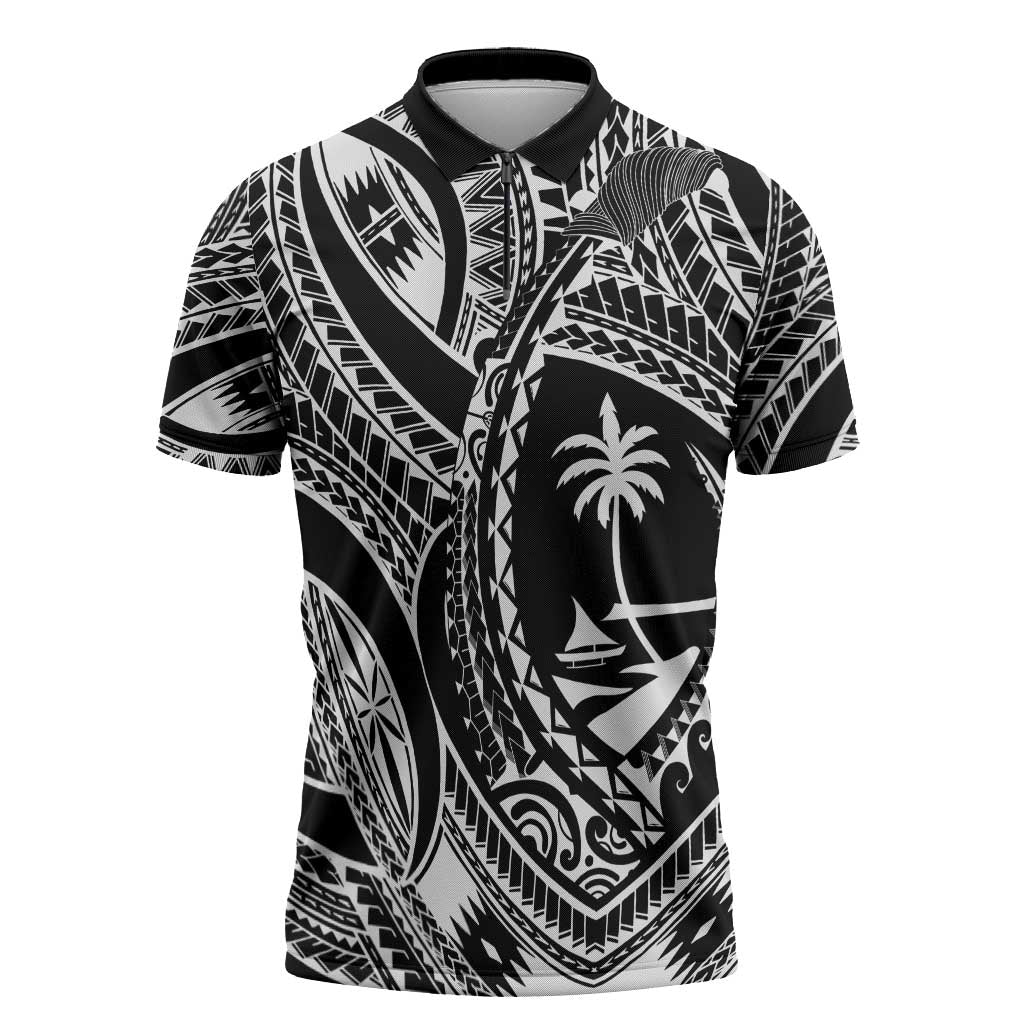 Hafa Adai Guam Inspired Tattoo Zipper Polo Shirt LT9 Black - Polynesian Pride