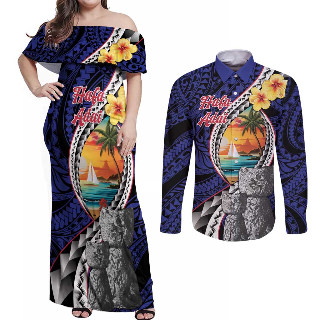 Hafa Adai Guam Seal Latte Stones Artwork Couples Matching Off Shoulder Maxi Dress and Long Sleeve Button Shirt LT9 Blue - Polynesian Pride