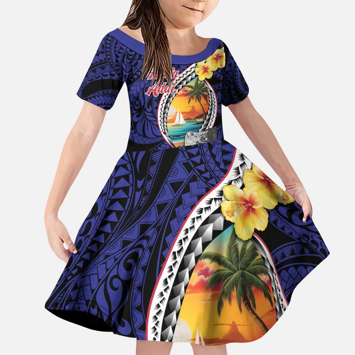 Hafa Adai Guam Seal Latte Stones Artwork Kid Short Sleeve Dress LT9 KID Blue - Polynesian Pride
