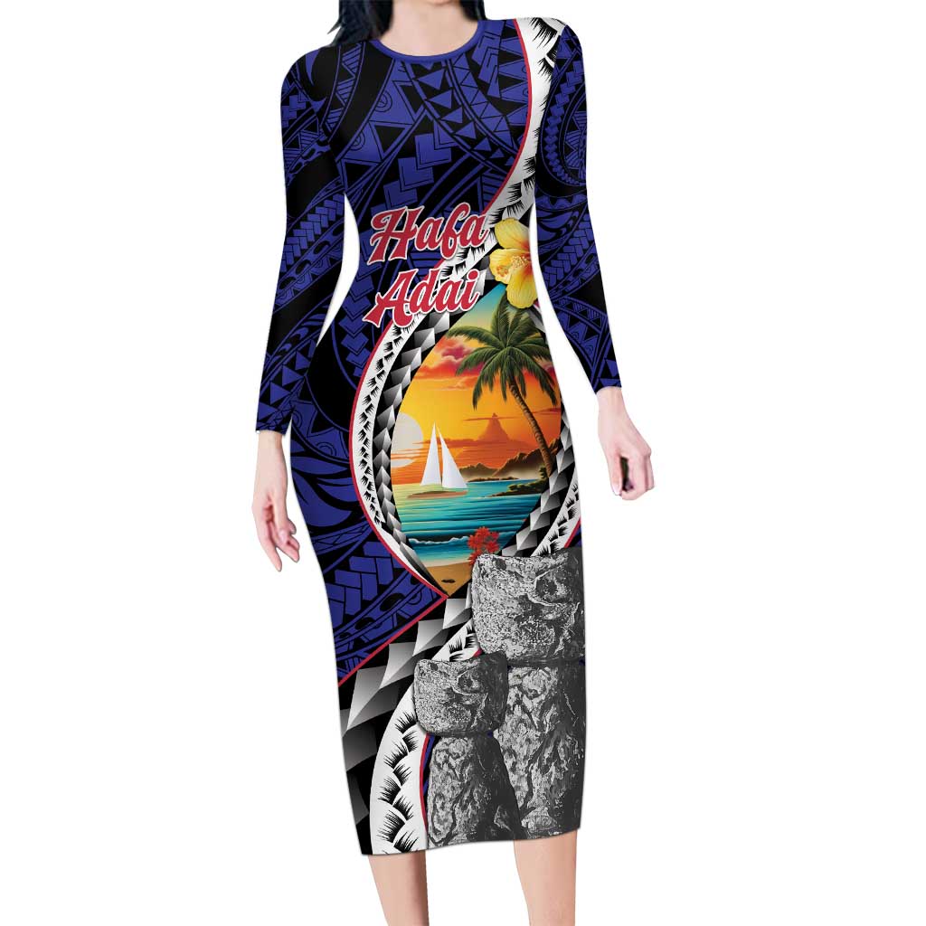 Hafa Adai Guam Seal Latte Stones Artwork Long Sleeve Bodycon Dress LT9 Long Dress Blue - Polynesian Pride