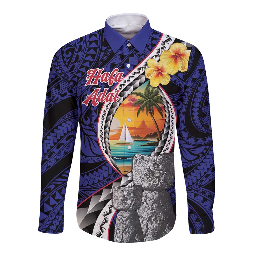 Hafa Adai Guam Seal Latte Stones Artwork Long Sleeve Button Shirt LT9 Unisex Blue - Polynesian Pride