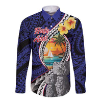 Hafa Adai Guam Seal Latte Stones Artwork Long Sleeve Button Shirt LT9 Unisex Blue - Polynesian Pride