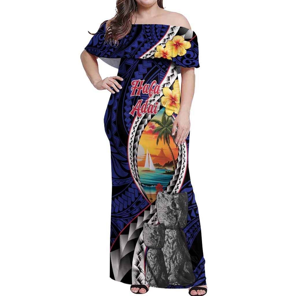 Hafa Adai Guam Seal Latte Stones Artwork Off Shoulder Maxi Dress LT9 Women Blue - Polynesian Pride