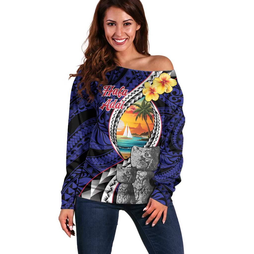 Hafa Adai Guam Seal Latte Stones Artwork Off Shoulder Sweater LT9 Women Blue - Polynesian Pride
