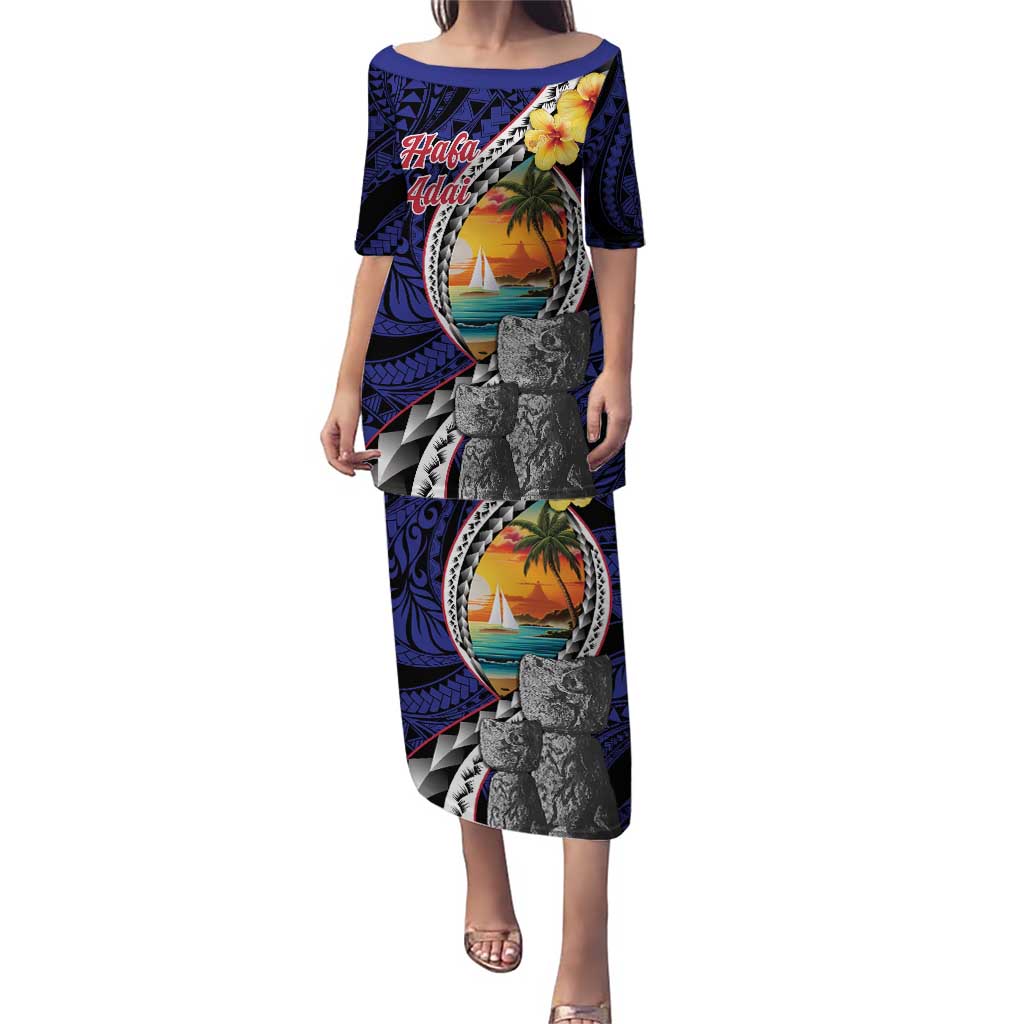 Hafa Adai Guam Seal Latte Stones Artwork Puletasi LT9 Long Dress Blue - Polynesian Pride