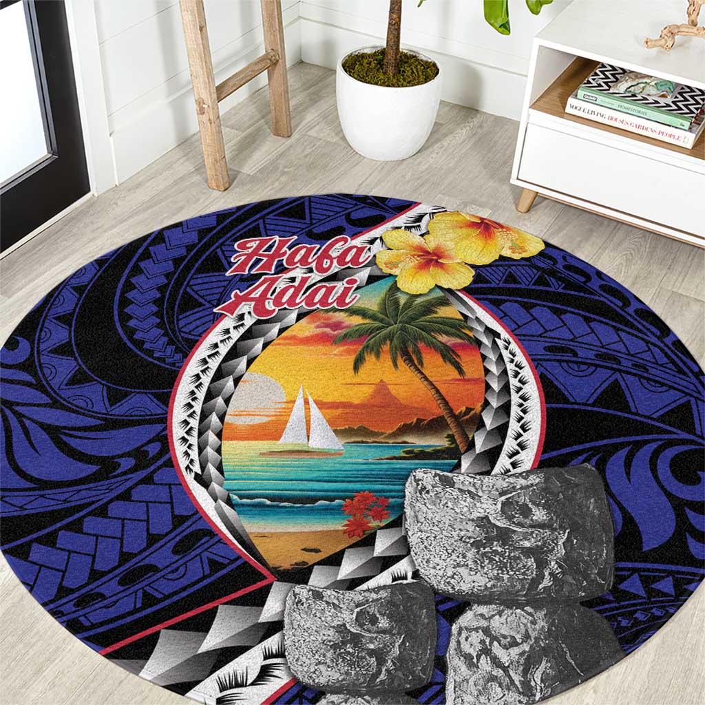 Hafa Adai Guam Seal Latte Stones Artwork Round Carpet LT9 Blue - Polynesian Pride