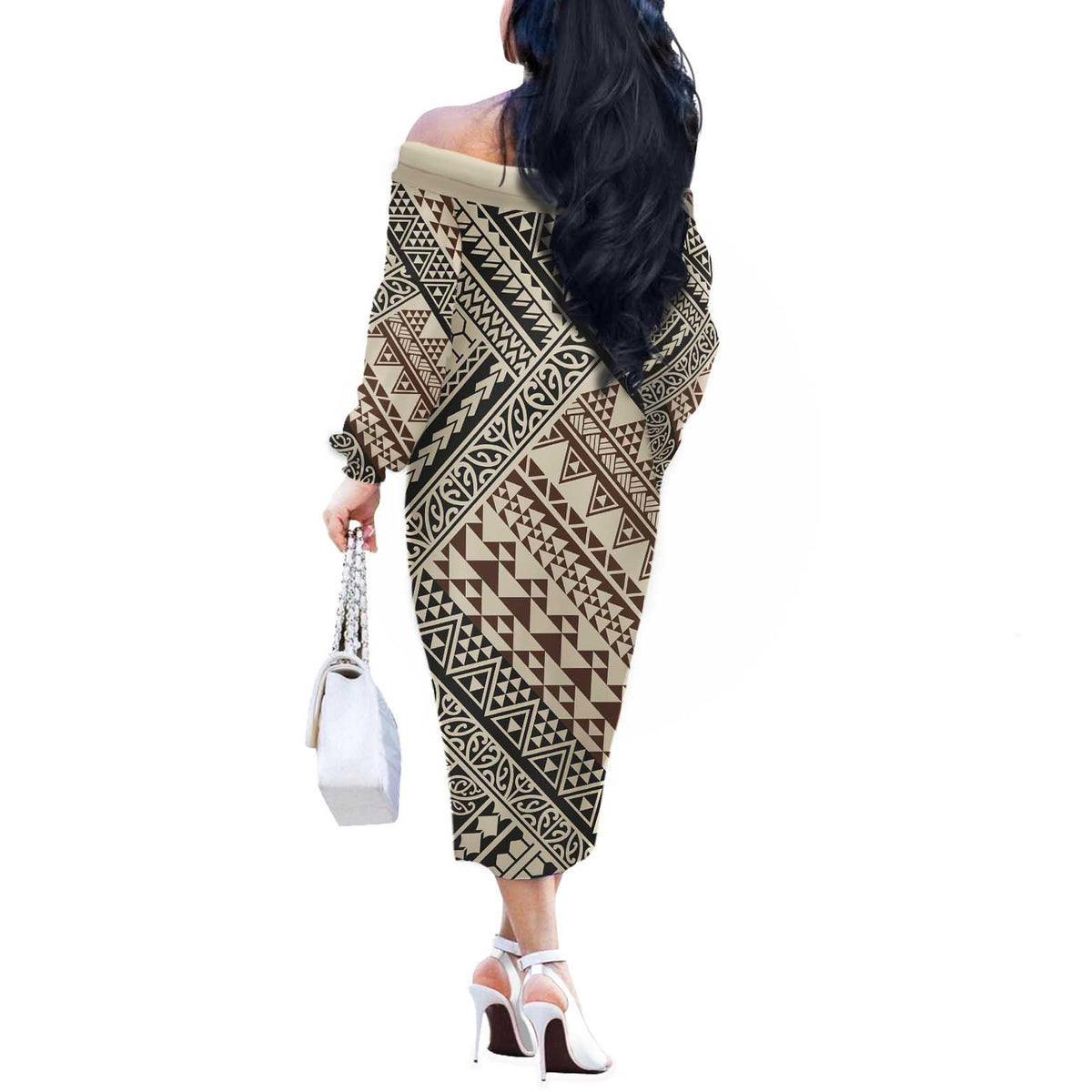 Niho Taniwha Kowhaiwhai Off The Shoulder Long Sleeve Dress LT9 - Polynesian Pride