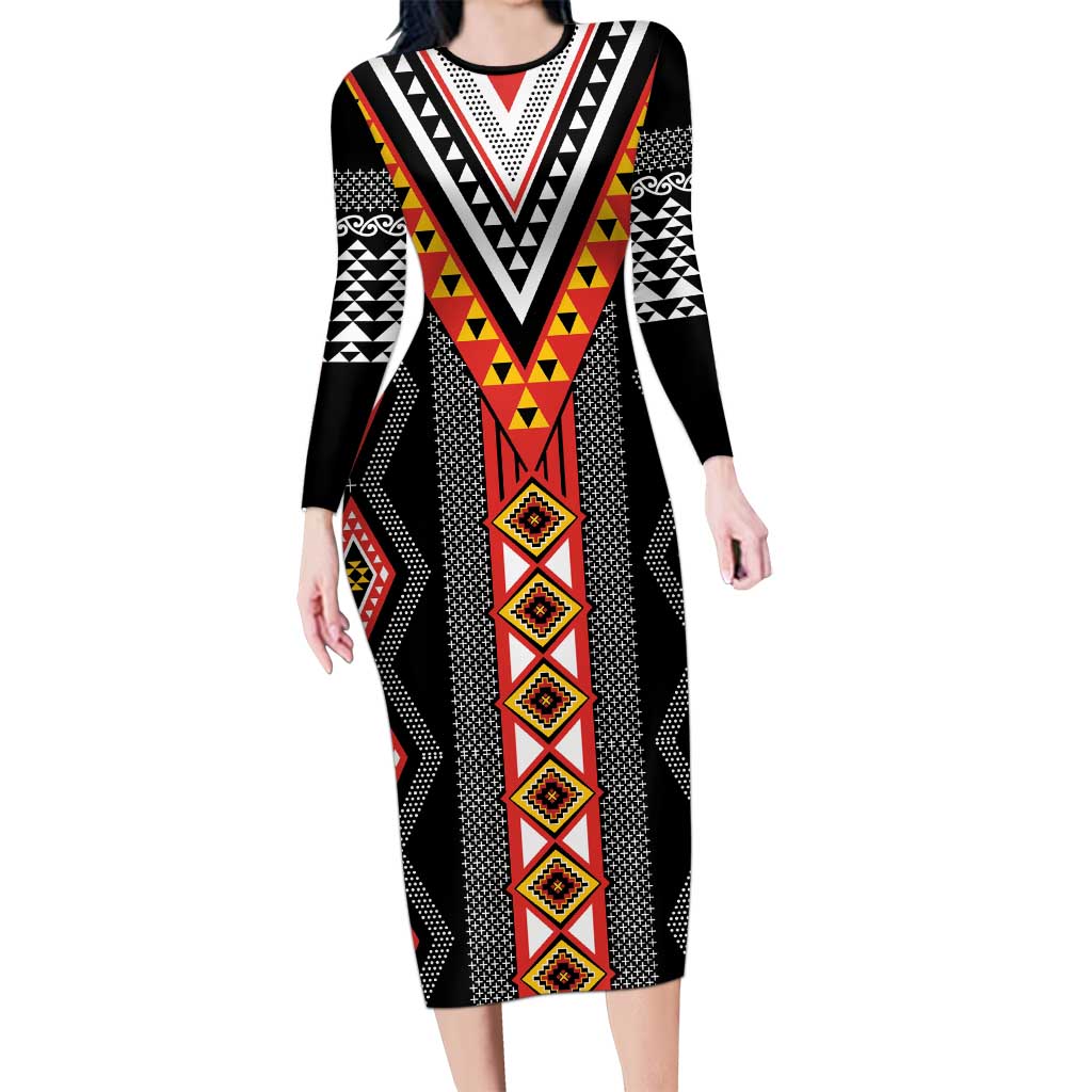 Niho Taniwha Taniko Motif Long Sleeve Bodycon Dress