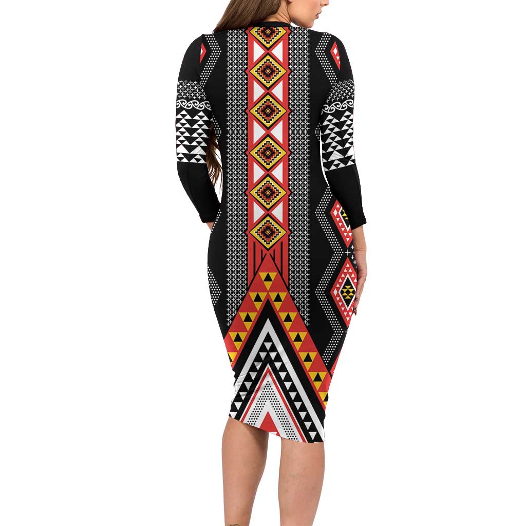 Niho Taniwha Taniko Motif Long Sleeve Bodycon Dress LT9 - Polynesian Pride
