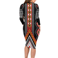 Niho Taniwha Taniko Motif Long Sleeve Bodycon Dress LT9 - Polynesian Pride