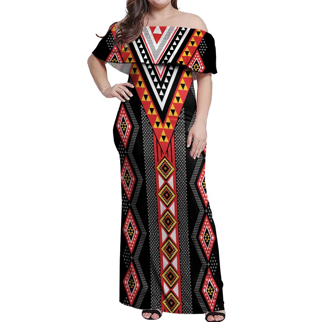 Niho Taniwha Taniko Motif Off Shoulder Maxi Dress