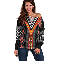 Niho Taniwha Taniko Motif Off Shoulder Sweater LT9 Women Red - Polynesian Pride