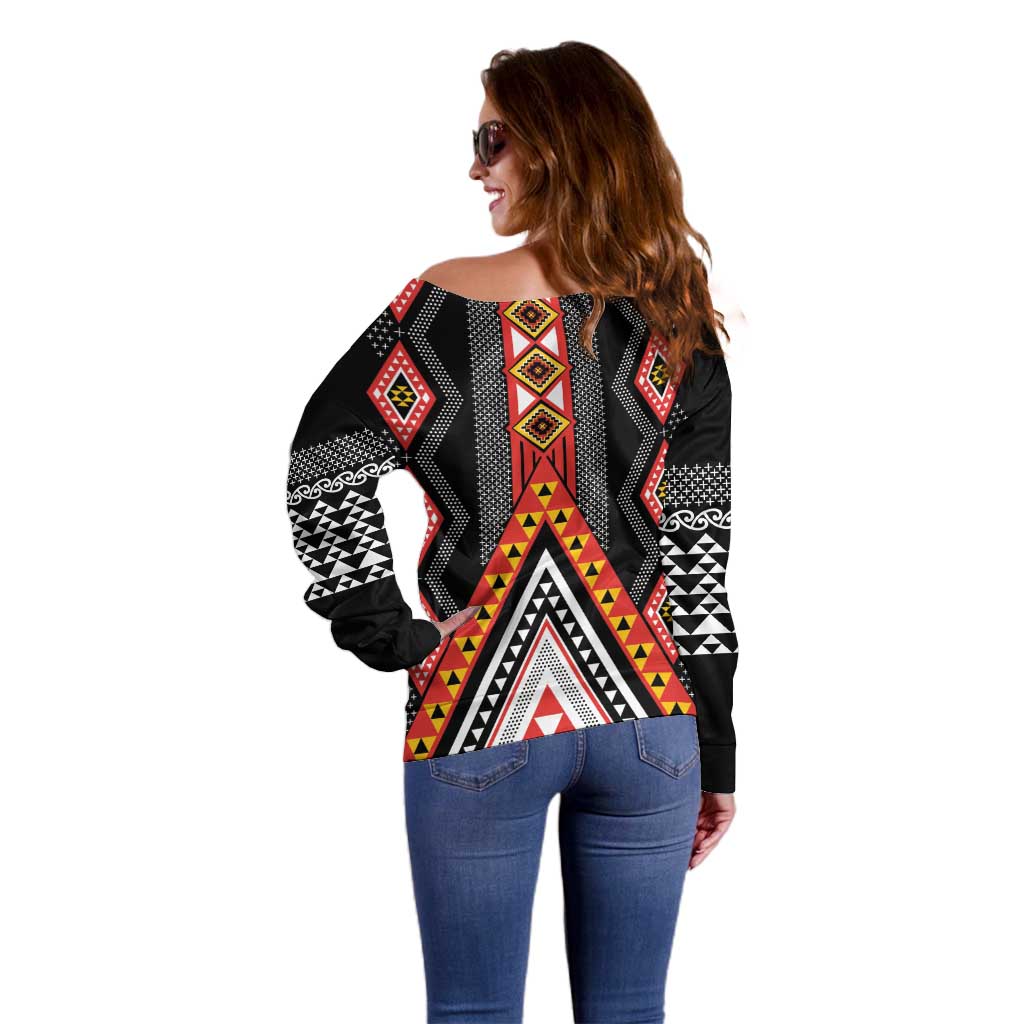 Niho Taniwha Taniko Motif Off Shoulder Sweater LT9 - Polynesian Pride