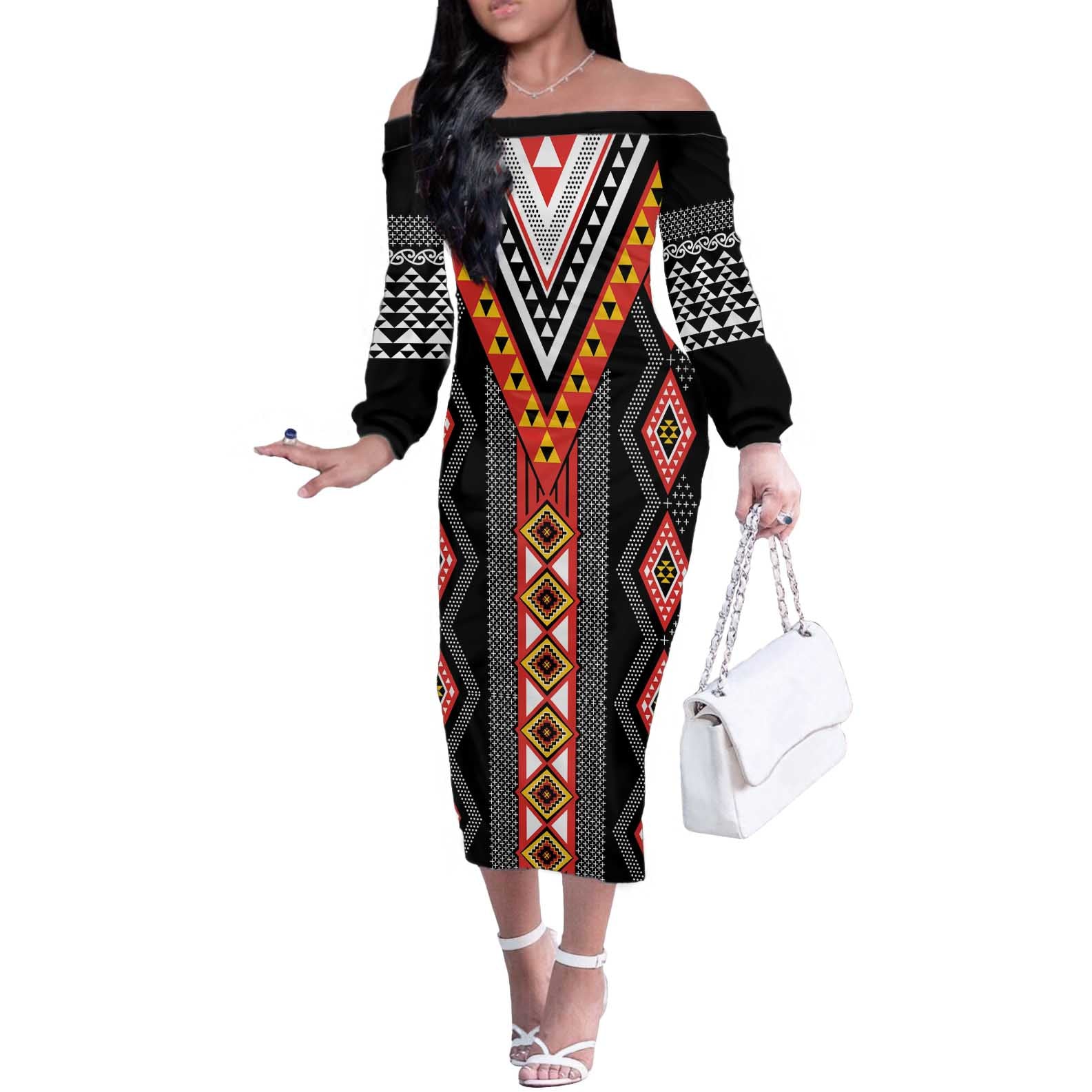 Niho Taniwha Taniko Motif Off The Shoulder Long Sleeve Dress