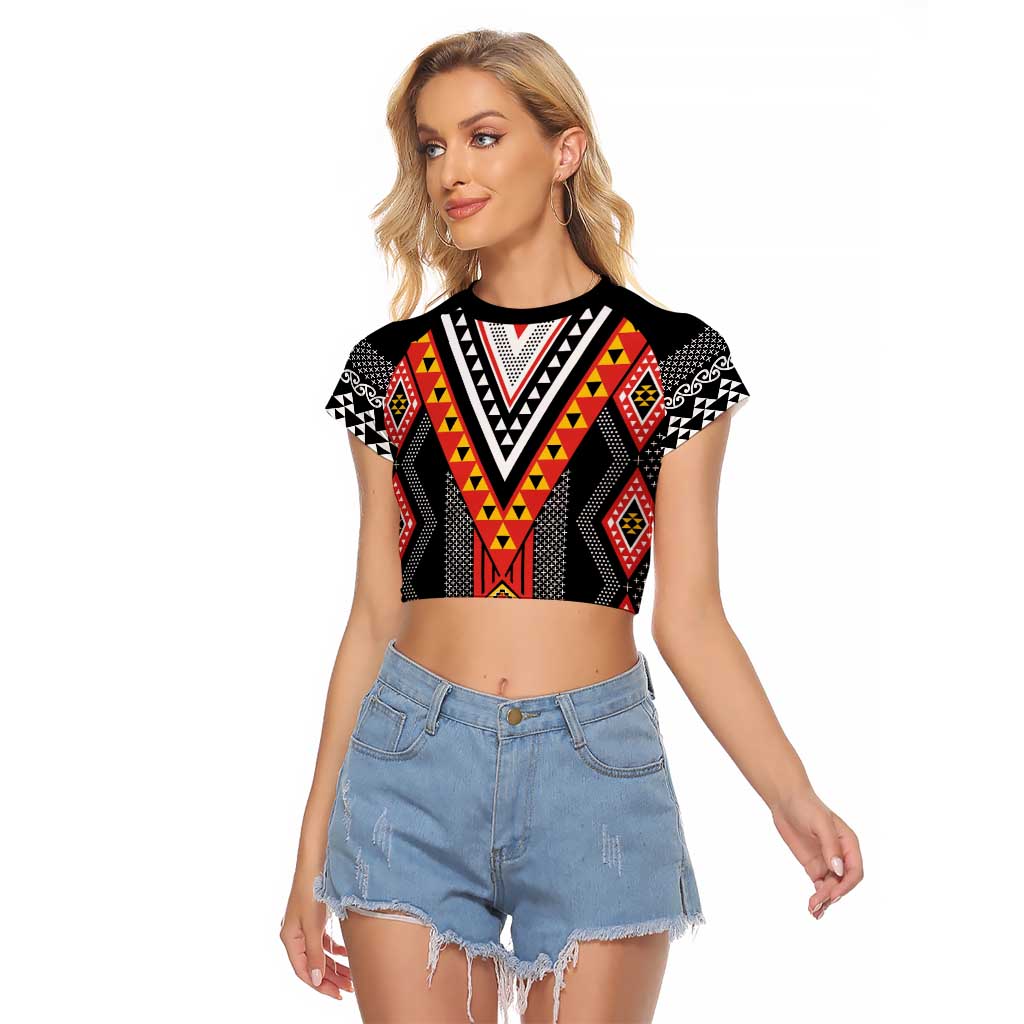 Niho Taniwha Taniko Motif Raglan Cropped T Shirt LT9 Female Red - Polynesian Pride