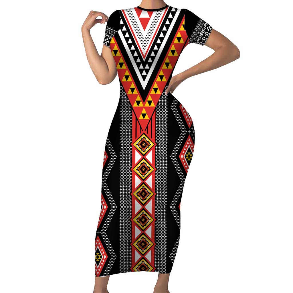 Niho Taniwha Taniko Motif Short Sleeve Bodycon Dress