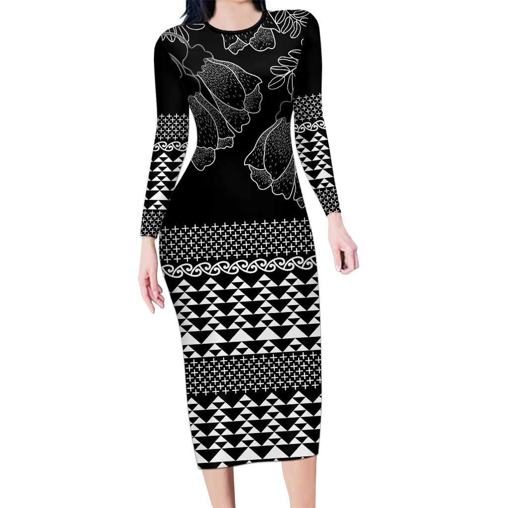 Black Taniko Kowhaiwhai Tukutuku Motif Long Sleeve Bodycon Dress