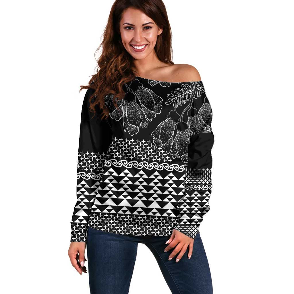 Black Taniko Kowhaiwhai Tukutuku Motif Off Shoulder Sweater