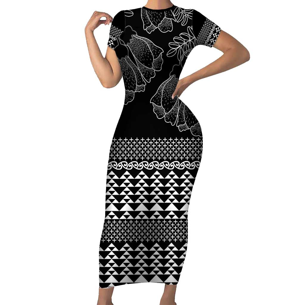 Black Taniko Kowhaiwhai Tukutuku Motif Short Sleeve Bodycon Dress