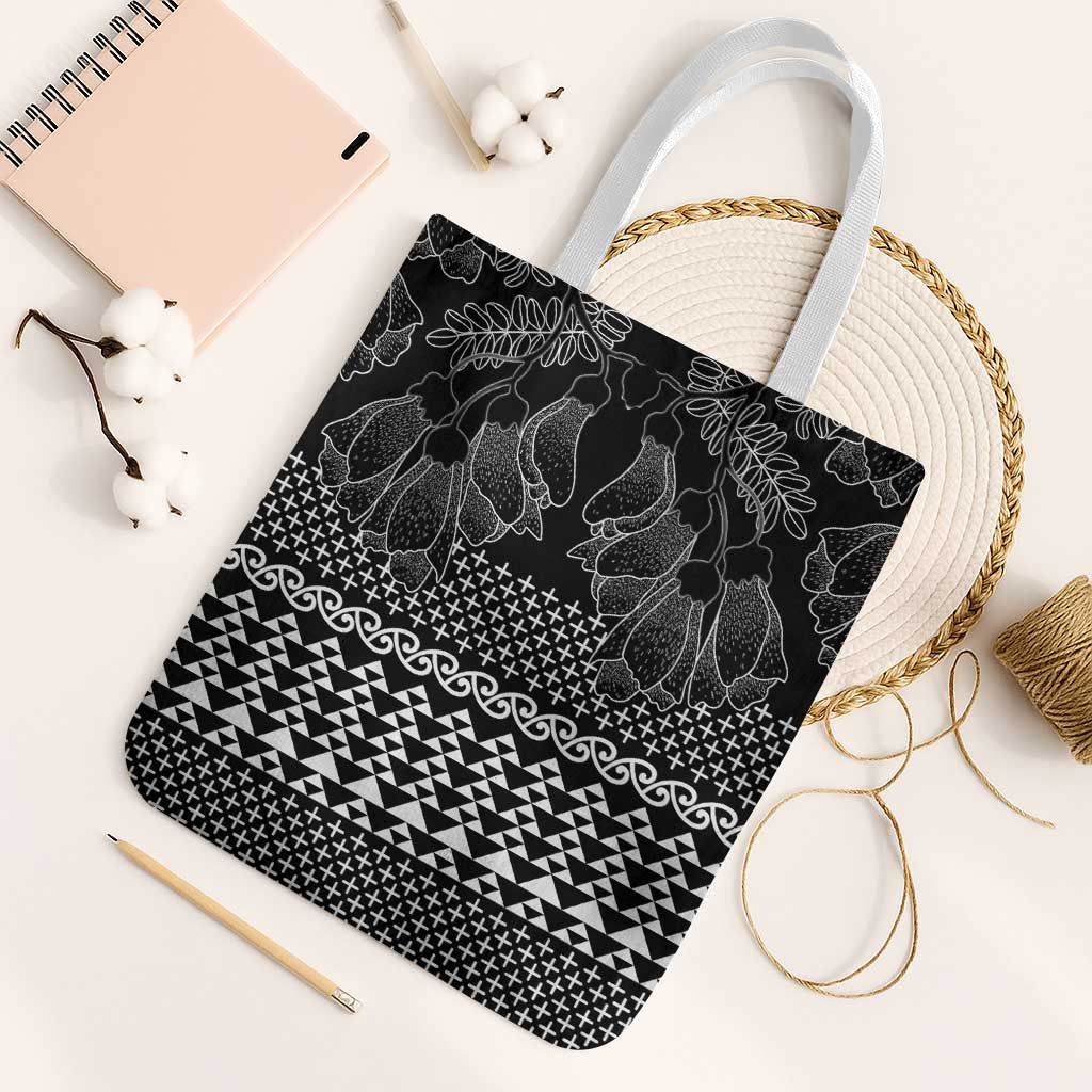 Black Taniko Kowhaiwhai Tukutuku Motif Tote Bag LT9 White Strap One Size Black - Polynesian Pride