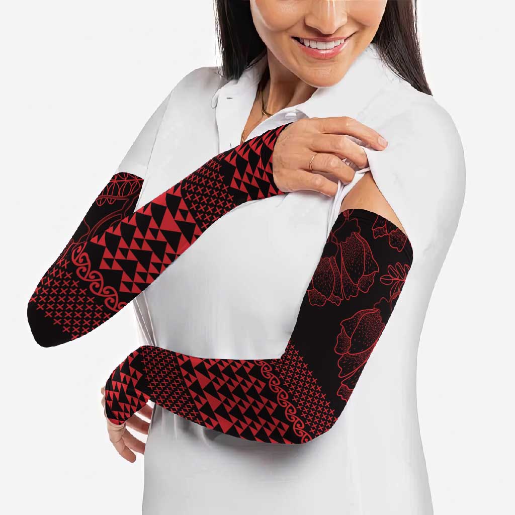 Red Taniko Kowhaiwhai Tukutuku Motif Arm Sleeves LT9 - Polynesian Pride