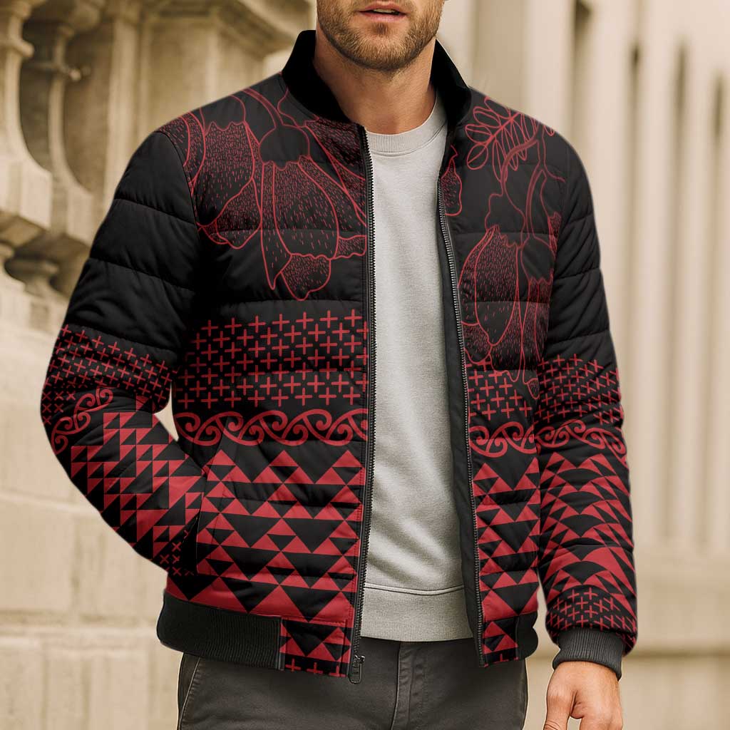 Red Taniko Kowhaiwhai Tukutuku Motif Bomber Puffer Jacket LT9 - Polynesian Pride