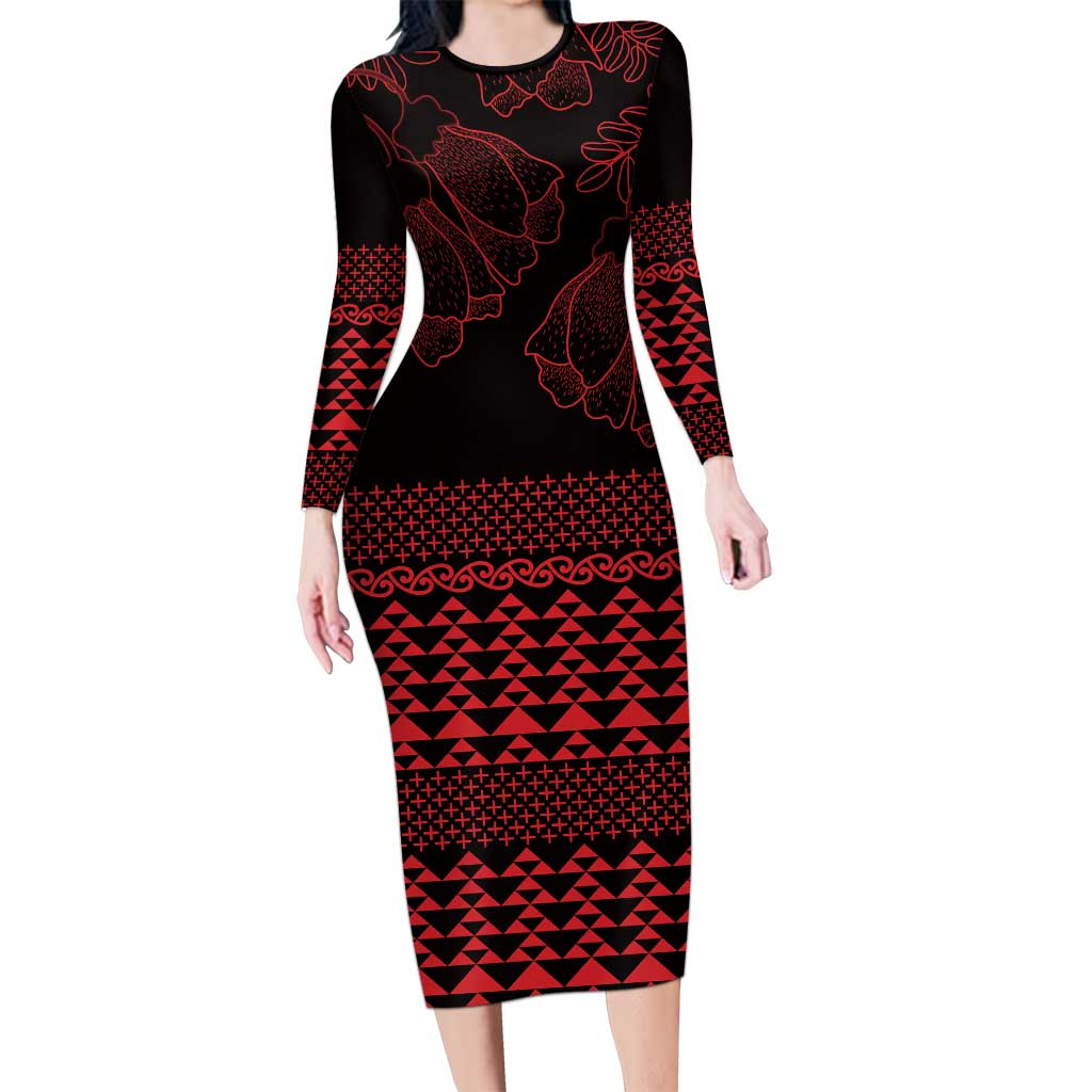 Red Taniko Kowhaiwhai Tukutuku Motif Long Sleeve Bodycon Dress