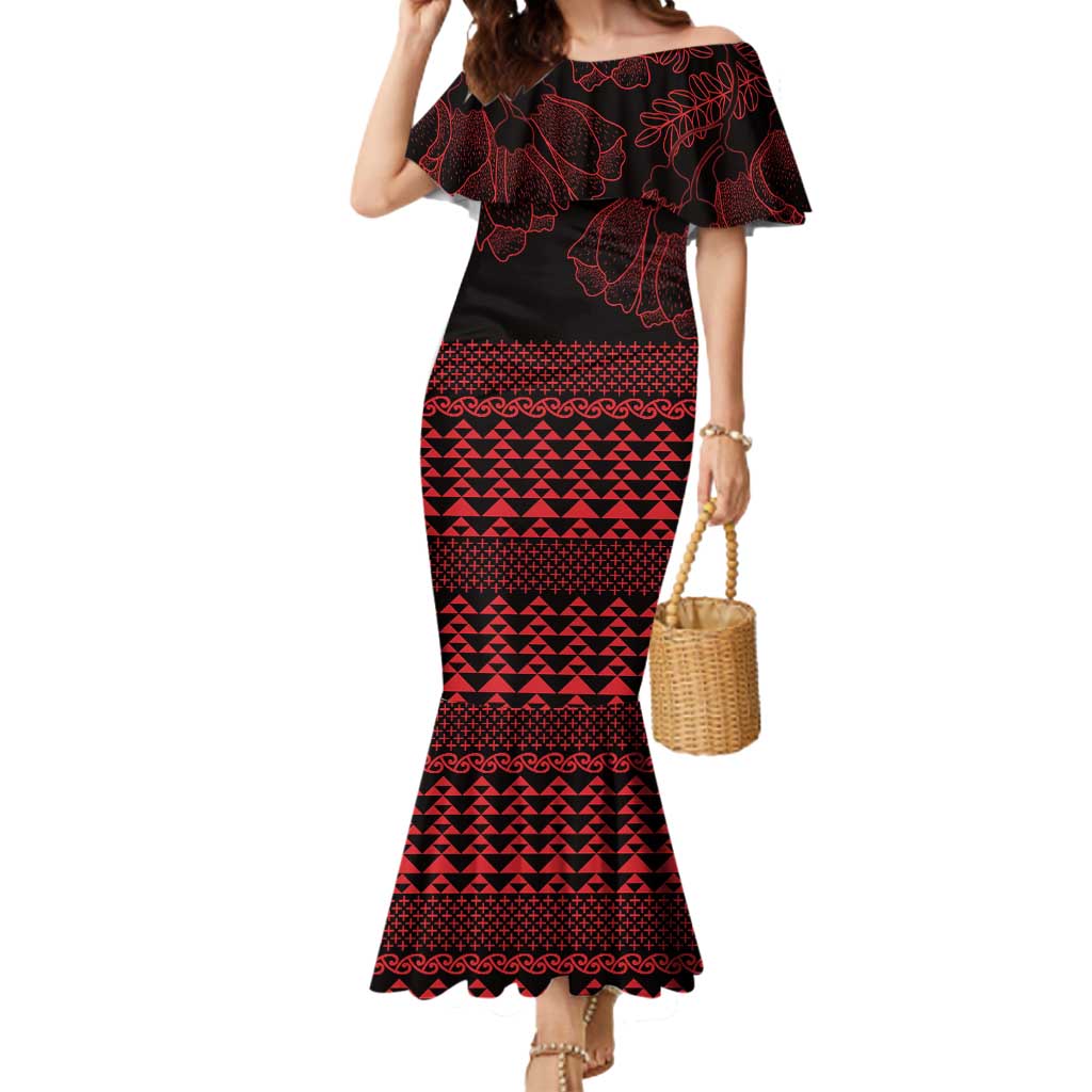 Red Taniko Kowhaiwhai Tukutuku Motif Mermaid Dress