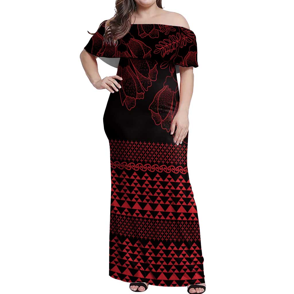 Red Taniko Kowhaiwhai Tukutuku Motif Off Shoulder Maxi Dress