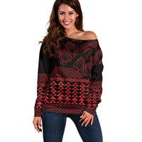 Red Taniko Kowhaiwhai Tukutuku Motif Off Shoulder Sweater LT9 Women Red - Polynesian Pride