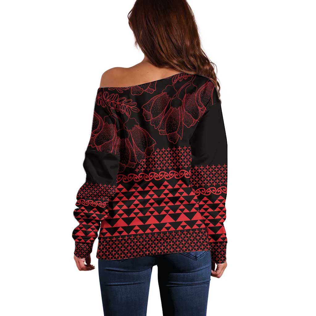 Red Taniko Kowhaiwhai Tukutuku Motif Off Shoulder Sweater LT9 - Polynesian Pride
