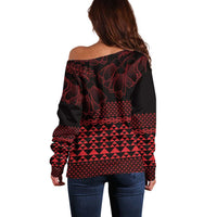 Red Taniko Kowhaiwhai Tukutuku Motif Off Shoulder Sweater LT9 - Polynesian Pride