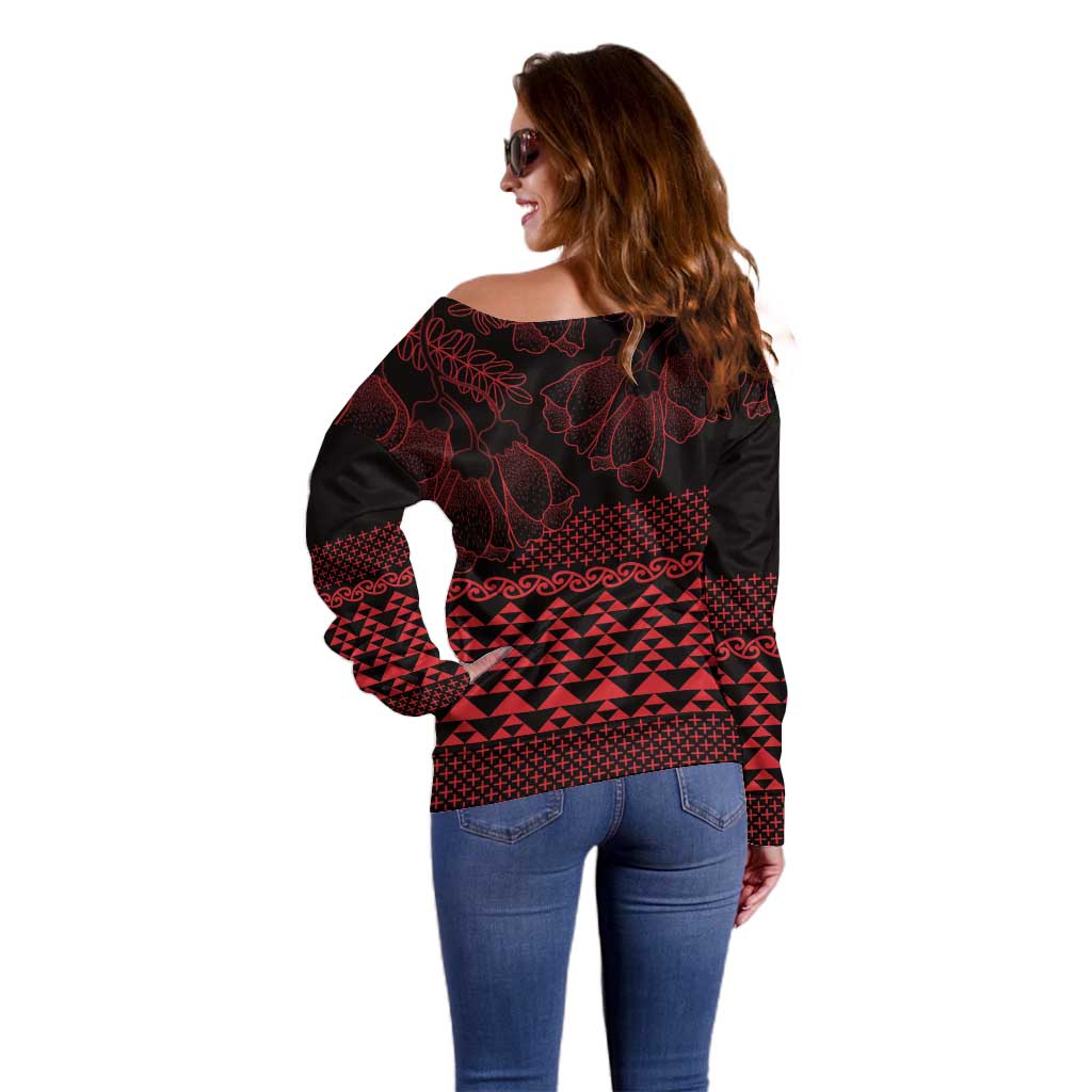 Red Taniko Kowhaiwhai Tukutuku Motif Off Shoulder Sweater LT9 - Polynesian Pride