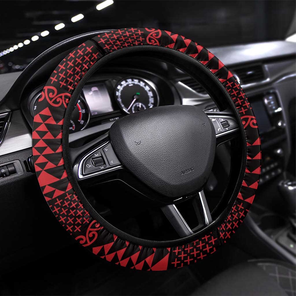 Red Taniko Kowhaiwhai Tukutuku Motif Steering Wheel Cover