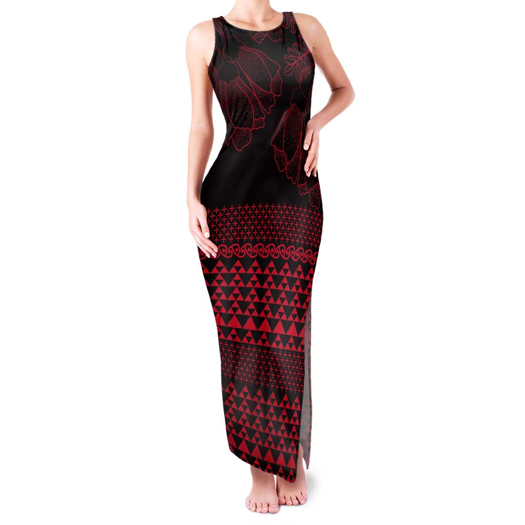 Red Taniko Kowhaiwhai Tukutuku Motif Tank Maxi Dress