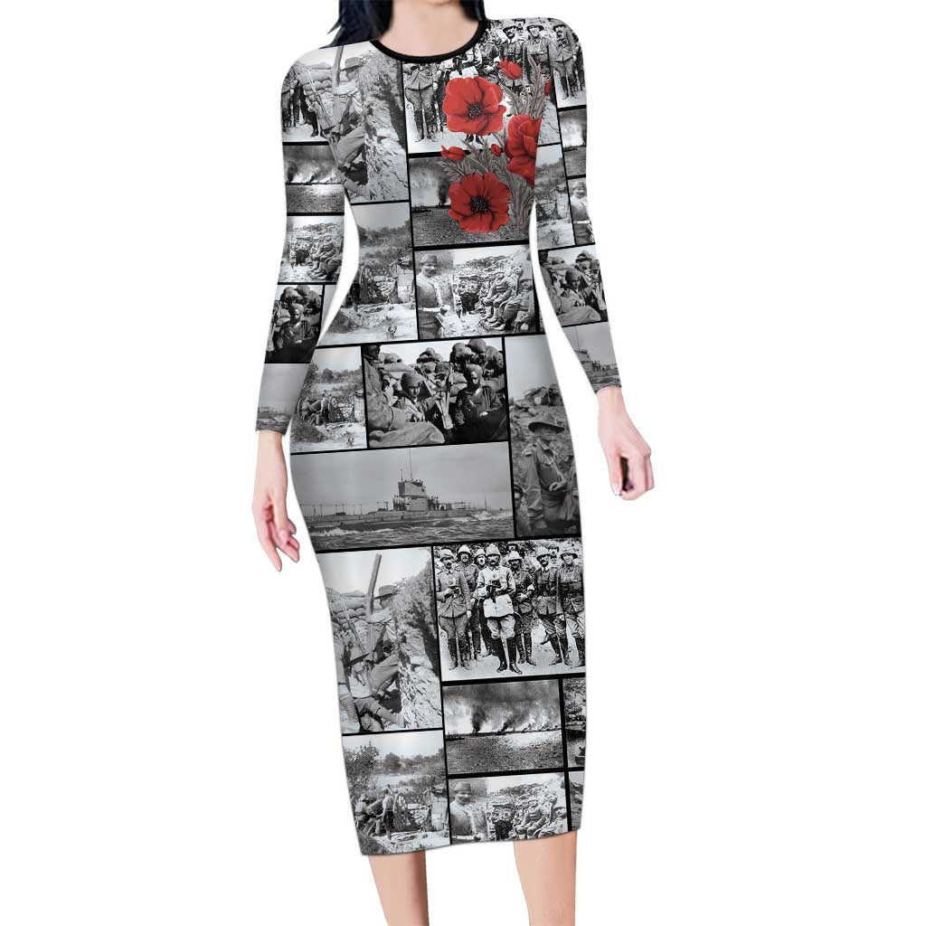 ANZAC Day Gallipoli Campaign Long Sleeve Bodycon Dress To The End They Remain LT9 Long Dress Black - Polynesian Pride