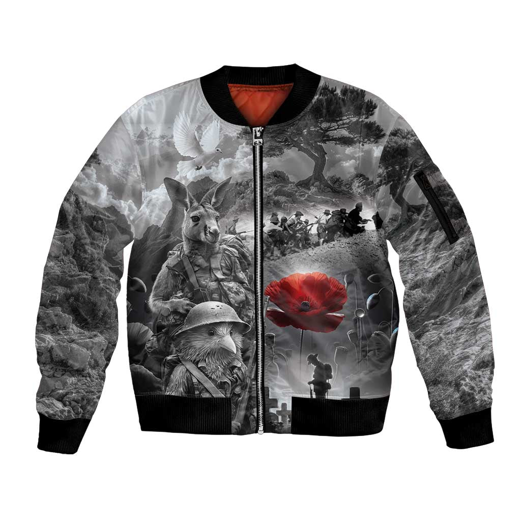 Black ANZAC Day The Battle of Lone Pine Sleeve Zip Bomber Jacket Kiwi-Kangaroo Soldier Lest We Forget LT9 Unisex Black - Polynesian Pride