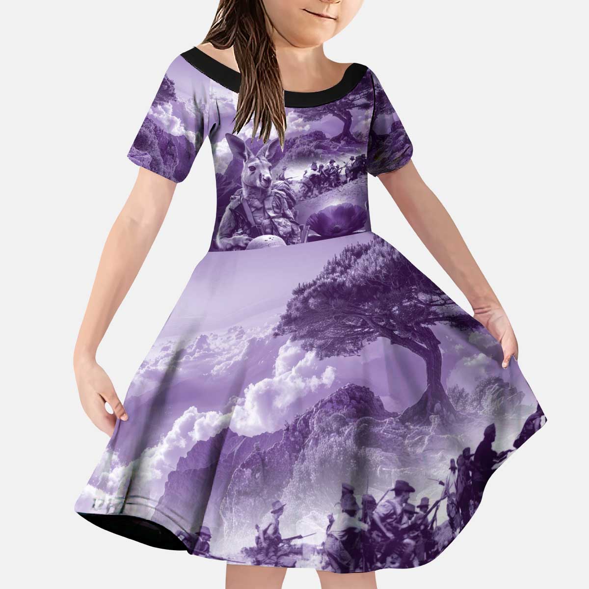 Purple ANZAC Day The Battle of Lone Pine Kid Short Sleeve Dress Kiwi-Kangaroo Soldier Lest We Forget LT9 KID Purple - Polynesian Pride