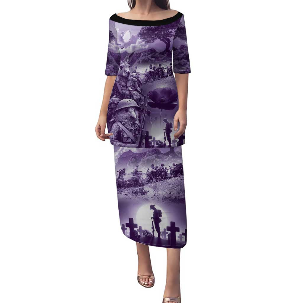 Purple ANZAC Day The Battle of Lone Pine Puletasi Kiwi-Kangaroo Soldier Lest We Forget LT9 Long Dress Purple - Polynesian Pride