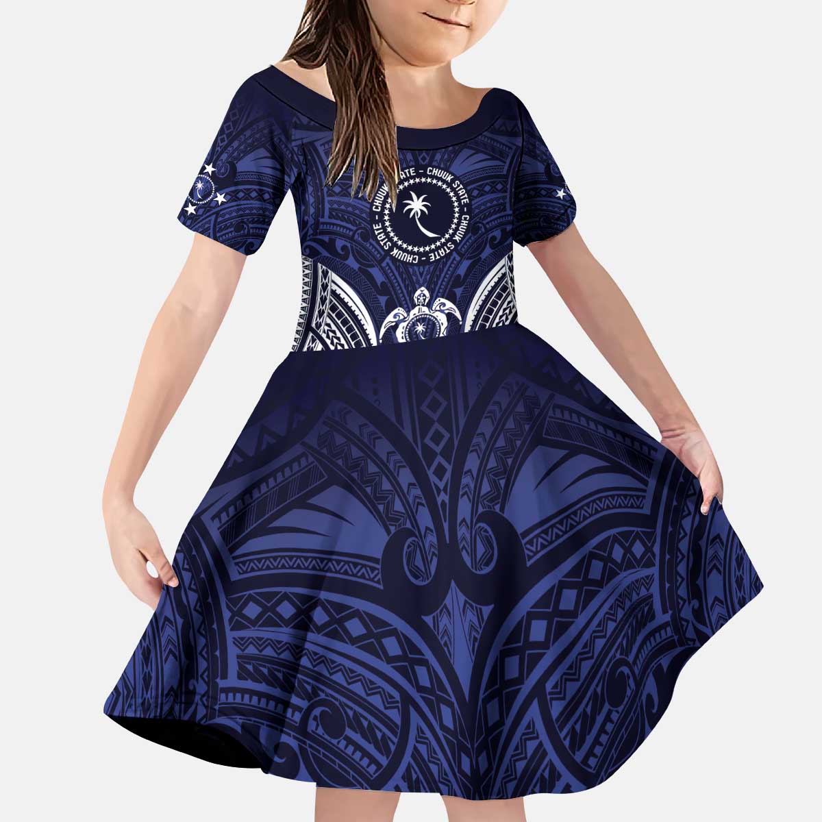 FSM Chuuk States Kid Short Sleeve Dress Micronesia Six 9 One Polynesian Tribal Pattern LT9 KID Blue - Polynesian Pride
