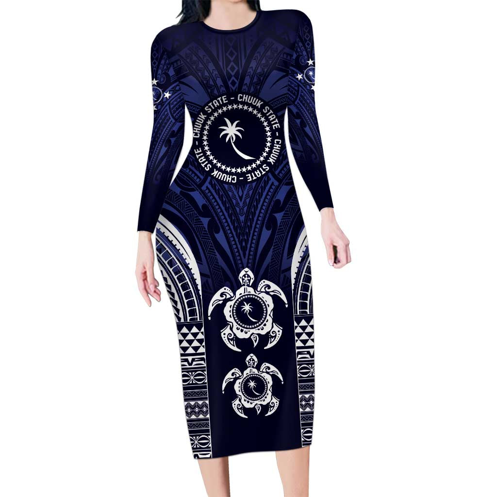 FSM Chuuk States Long Sleeve Bodycon Dress Micronesia Six 9 One Polynesian Tribal Pattern LT9 Long Dress Blue - Polynesian Pride