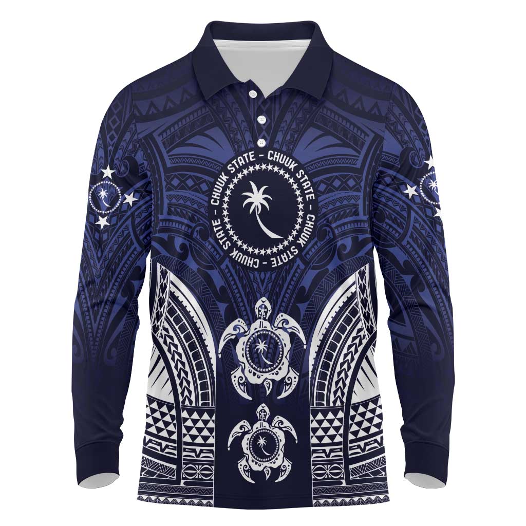 FSM Chuuk States Long Sleeve Polo Shirt Micronesia Six 9 One Polynesian Tribal Pattern LT9 Blue - Polynesian Pride