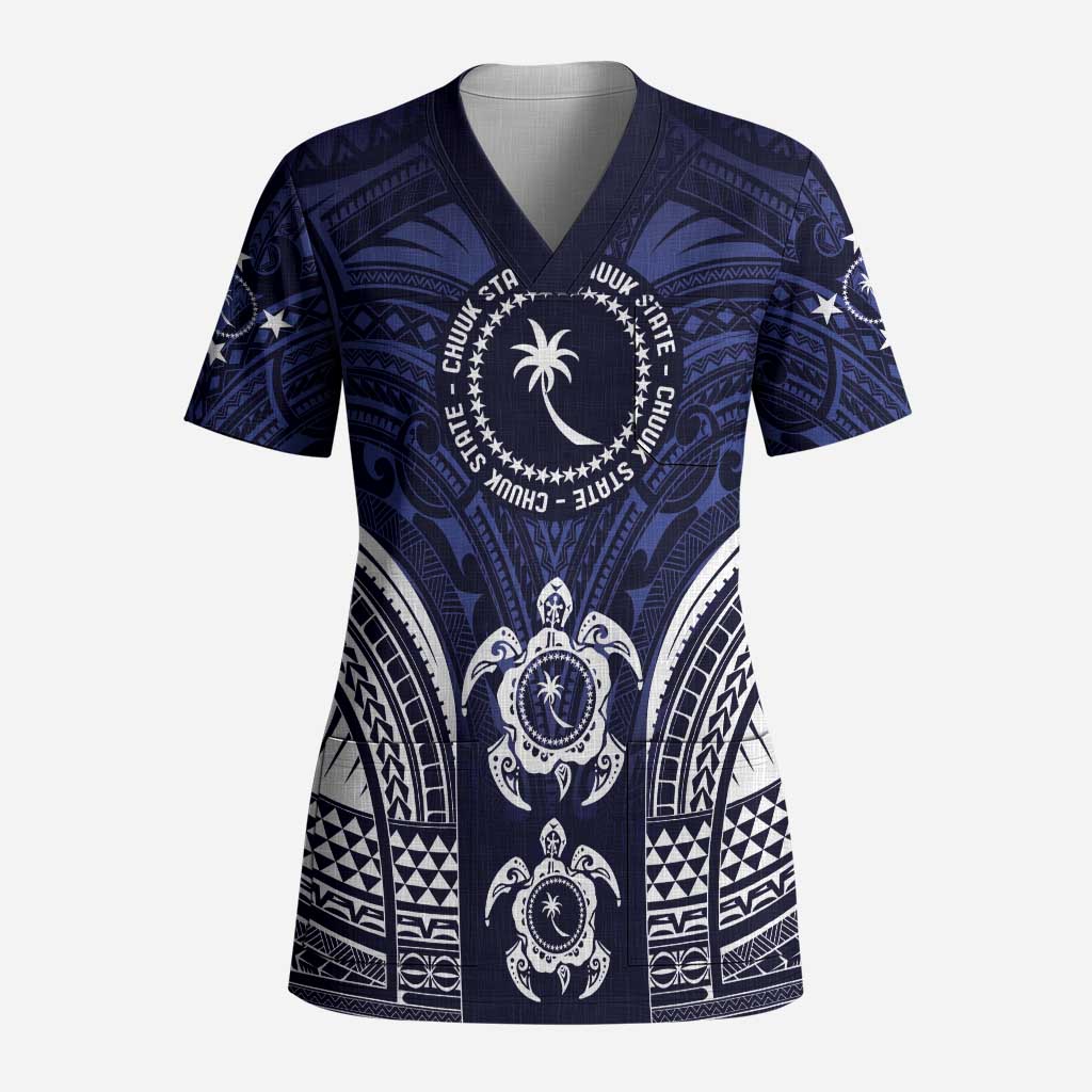 FSM Chuuk States Scrub Top Micronesia Six 9 One Polynesian Tribal Pattern LT9 Adult Blue - Polynesian Pride