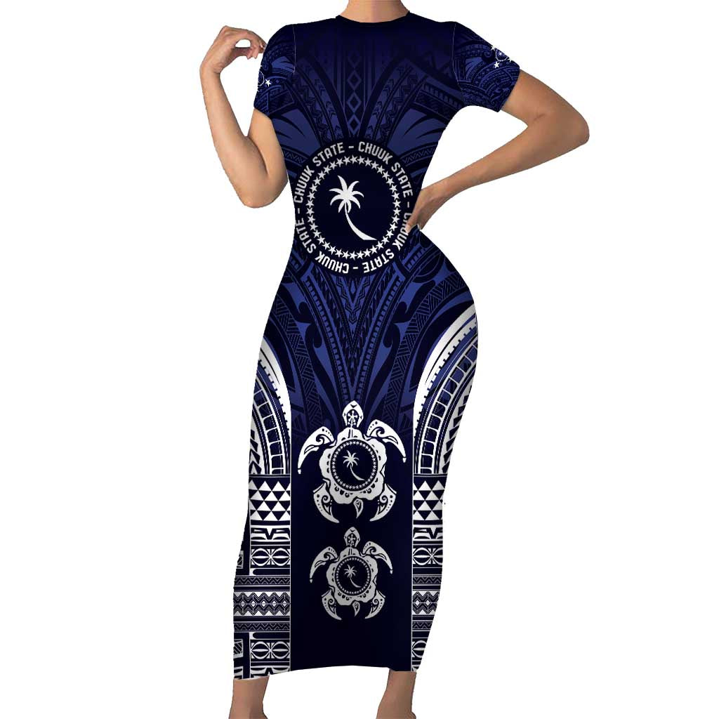 FSM Chuuk States Short Sleeve Bodycon Dress Micronesia Six 9 One Polynesian Tribal Pattern LT9 Long Dress Blue - Polynesian Pride