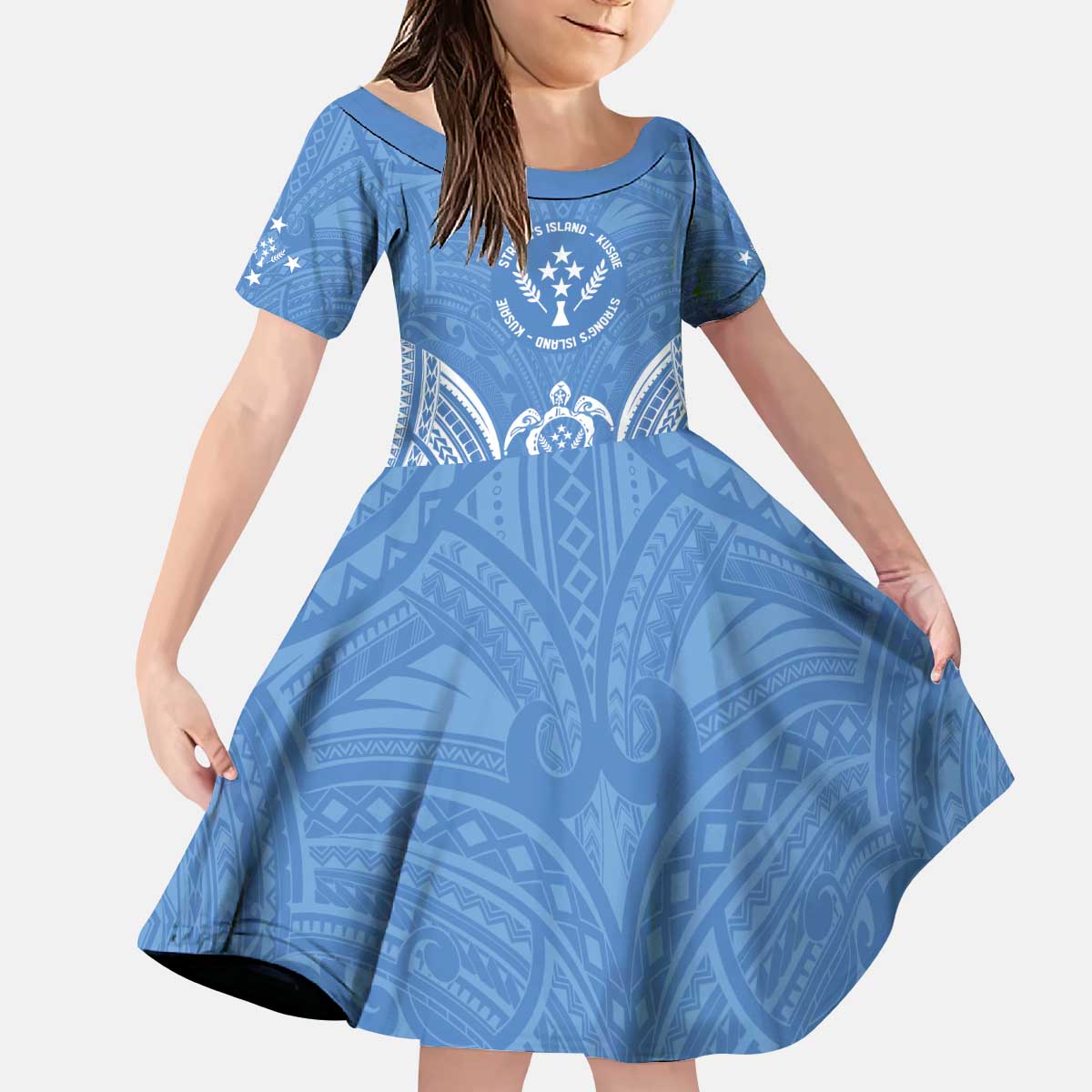 FSM Kosrae States Kid Short Sleeve Dress Micronesia Six 9 One Polynesian Tribal Pattern LT9 KID Blue - Polynesian Pride