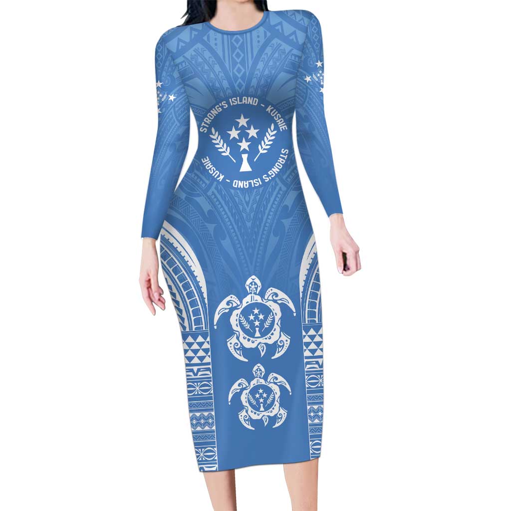 FSM Kosrae States Long Sleeve Bodycon Dress Micronesia Six 9 One Polynesian Tribal Pattern LT9 Long Dress Blue - Polynesian Pride